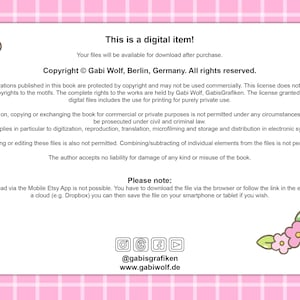May include: A pink digital item notice with text about copyright and download instructions. The text includes the copyright information for Gabi Wolf, Berlin, Germany. The notice has flower and leaf illustrations.