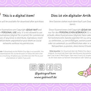 May include: A pink and white background with a flower graphic and text that reads "This is a digital item!" and "Your files will be available for download after purchase." The text also reads "These illustrations are Copyright &copy;Gabi Wolf and are for PERSONAL USE only. It is not allowed to use these illustrations (digital file or print) for commercial purposes of any kind, to distribute, reproduce, resell or publish them unpainted or post them on social networks without my permission." The text also reads "Please note: A download via the Mobile Etsy App is not possible. You have to download the file via the browser or follow the link in the email. Via a cloud (e.g. Dropbox) you can then save the file on your smartphone or tablet if you wish."