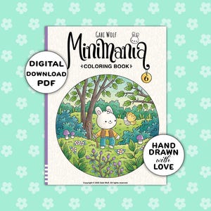 Puede incluir: Un libro para colorear titulado "Minimania" con una ilustraci&oacute;n de conejo de dibujos animados. La portada presenta una etiqueta PDF de descarga digital y un sello "Dibujado a mano con amor". El fondo es de color verde claro con un estampado floral.