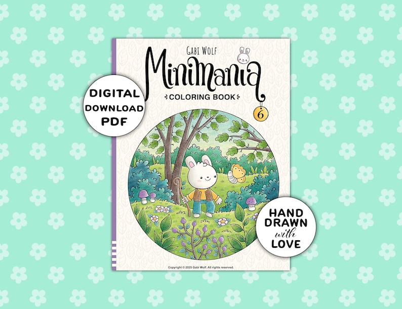 Puede incluir: Un libro para colorear titulado "Minimania" con una ilustraci&oacute;n de conejo de dibujos animados. La portada presenta una etiqueta PDF de descarga digital y un sello "Dibujado a mano con amor". El fondo es de color verde claro con un estampado floral.
