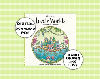 Lovely Worlds 1: Libro para colorear digital con 30 páginas dibujadas a mano, descargable en PDF, ilustrado por Gabi Wolf.