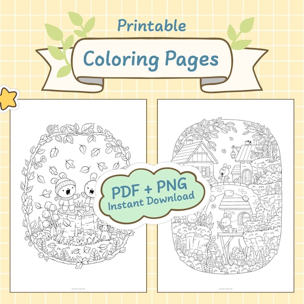 Kawaii coloring pages printable, hand drawn, digital download JPG (PDF) + PNG, for adults and children, set 17