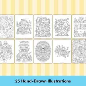 Puede incluir: Un conjunto de 8 p&aacute;ginas para colorear en blanco y negro con ilustraciones caprichosas de casas, jardines y otras escenas. Cada p&aacute;gina est&aacute; llena de detalles intrincados y patrones, perfecto para adultos y ni&ntilde;os que disfrutan coloreando.