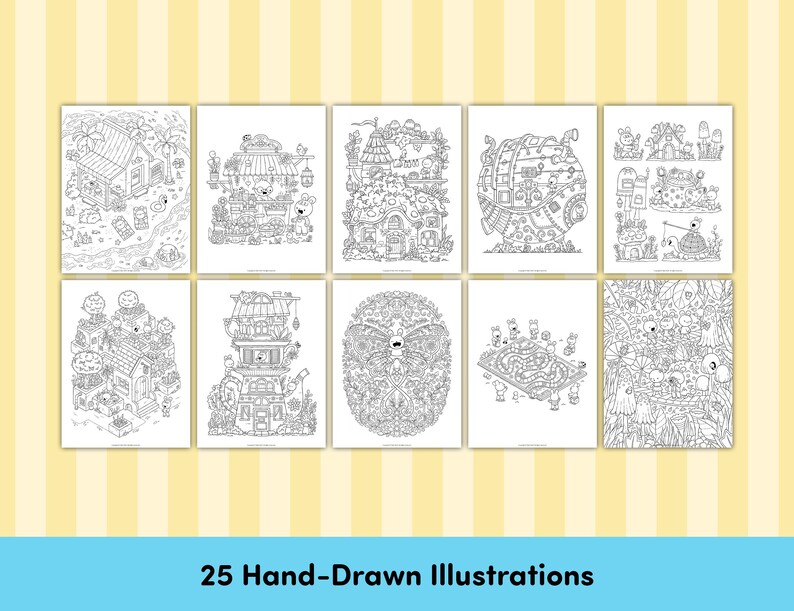 Puede incluir: Un conjunto de 8 p&aacute;ginas para colorear en blanco y negro con ilustraciones caprichosas de casas, jardines y otras escenas. Cada p&aacute;gina est&aacute; llena de detalles intrincados y patrones, perfecto para adultos y ni&ntilde;os que disfrutan coloreando.