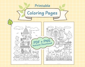 Fantasy Houses Coloring Pages Printable, Hand Drawn, Digital Download JPG (PDF) + PNG, for Adults and Children, Set 3