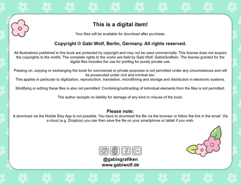 Puede incluir: Anuncio de art&iacute;culo digital con texto, informaci&oacute;n de derechos de autor y restricciones de uso. El dise&ntilde;o presenta un fondo verde claro con detalles florales y el texto "This is a digital item!"