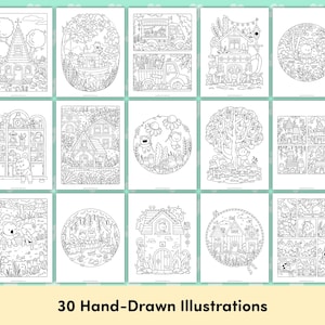 Puede incluir: Una colecci&oacute;n de 15 ilustraciones en blanco y negro, cada una representando escenas caprichosas de casas, animales y naturaleza. El texto "30 Hand-Drawn Illustrations" est&aacute; en la parte inferior. Los dibujos son para colorear.