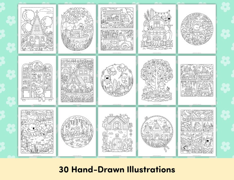 Puede incluir: Una colecci&oacute;n de 15 ilustraciones en blanco y negro, cada una representando escenas caprichosas de casas, animales y naturaleza. El texto "30 Hand-Drawn Illustrations" est&aacute; en la parte inferior. Los dibujos son para colorear.