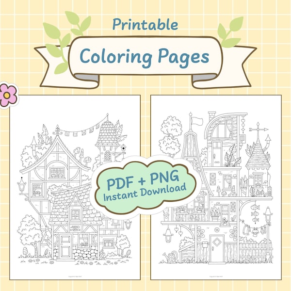 Houses Coloring Pages Printable, Hand Drawn, Digital Download JPG (PDF) + PNG, for Adults and Children, Set 10