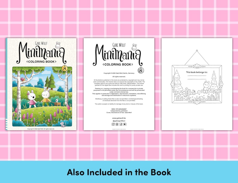 May include: A three-page spread of a coloring book titled "Minimania." The cover features a whimsical illustration of two cartoon characters in a forest scene. The book includes a page with copyright information and a page with a fill-in-the-blank section that says "This book belongs to:"