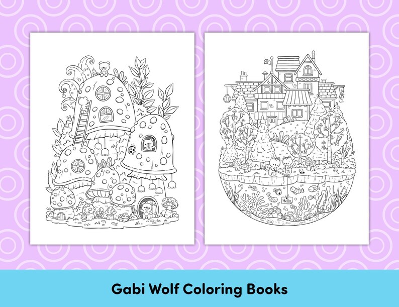May include: Two black and white coloring book pages. The first page features a mushroom house with a ladder and a small bear. The second page features a house with a garden and a pond with fish.