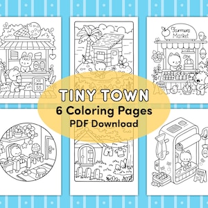 May include: Six black and white coloring pages featuring a tiny town with shops and houses. The pages include an ice cream shop, a farmer's market, a fish market, a house with a clothesline, a house with a mushroom, and a house with a window.