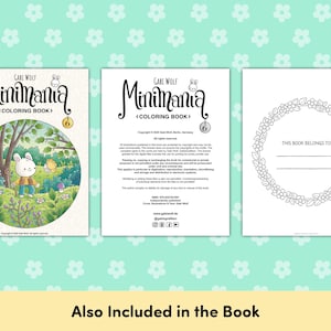 Puede incluir: Presentaci&oacute;n de tres p&aacute;ginas de un libro para colorear titulado "Minimania" de Gabe Wolf. La portada presenta un conejo de dibujos animados en una escena de bosque. La segunda p&aacute;gina tiene texto y la tercera p&aacute;gina tiene una corona floral.