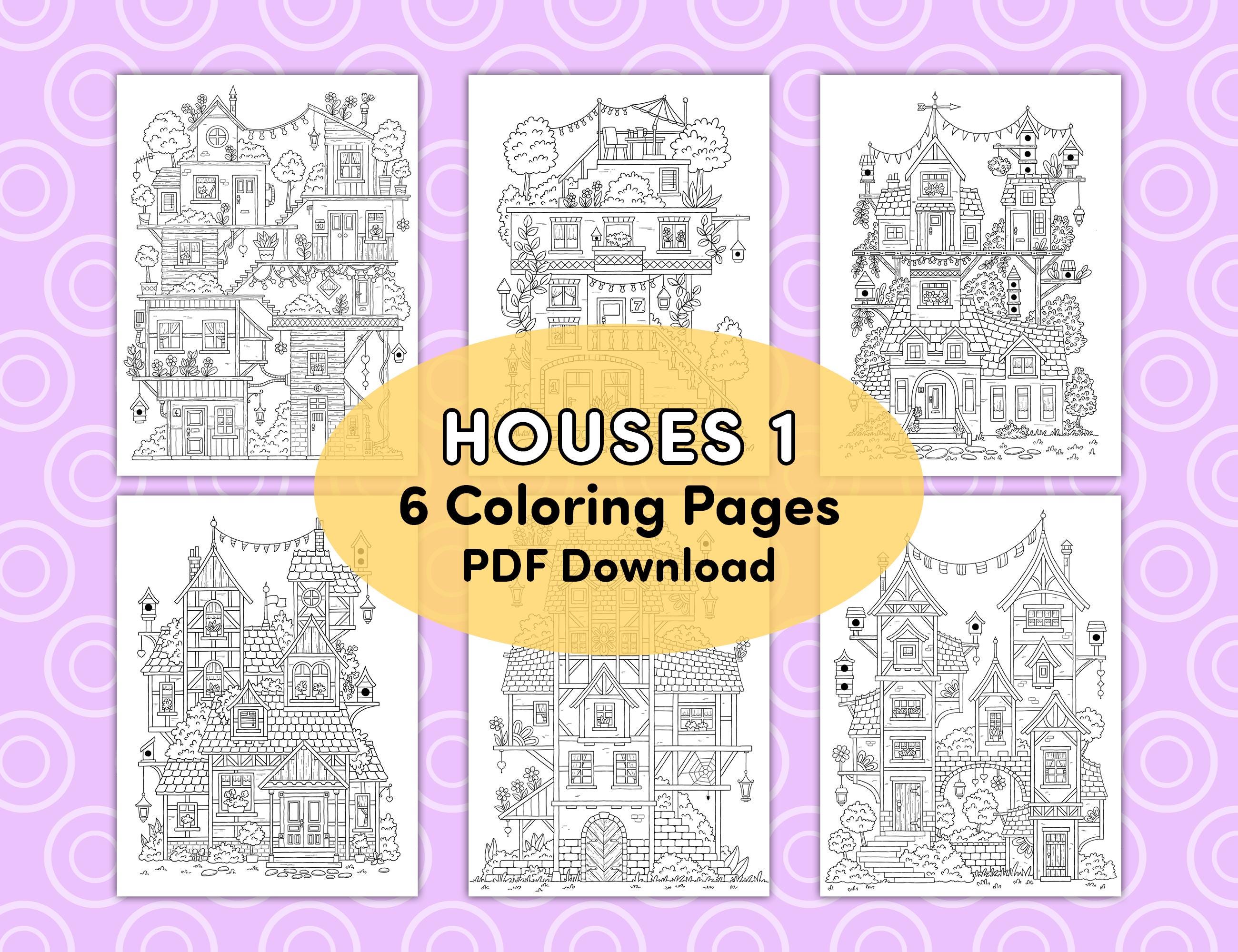 Houses 1:魅力あふれる手描きの家のぬりえ|今すぐ使えるプリント用PDF6枚セット