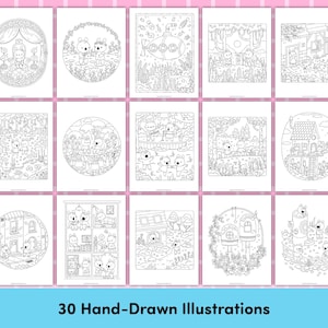 May include: A collection of 15 black and white coloring pages featuring whimsical illustrations of bears in various scenes. The pages are arranged in a grid, with the text "30 Hand-Drawn Illustrations" at the bottom.