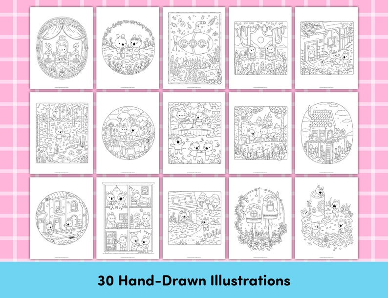 May include: A collection of 15 black and white coloring pages featuring whimsical illustrations of bears in various scenes. The pages are arranged in a grid, with the text "30 Hand-Drawn Illustrations" at the bottom.