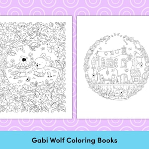 May include: Two black and white coloring pages featuring whimsical illustrations. The first page shows a frog and a bunny sitting at a table in a garden setting. The second page shows a house shaped like a sewing machine with a bunny sitting outside.