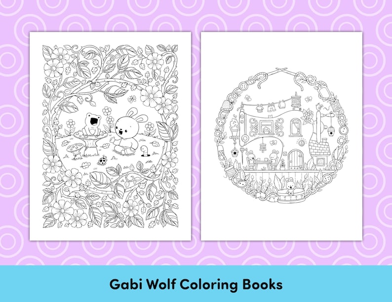 May include: Two black and white coloring pages featuring whimsical illustrations. The first page shows a frog and a bunny sitting at a table in a garden setting. The second page shows a house shaped like a sewing machine with a bunny sitting outside.