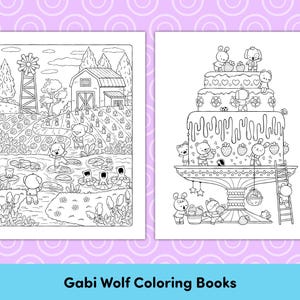 May include: Two black and white coloring pages featuring cute animal characters. The first page shows a farm scene with a windmill, a barn, and animals in a field. The second page shows a multi-tiered cake with animals decorating it.  Gabi Wolf Coloring Books.