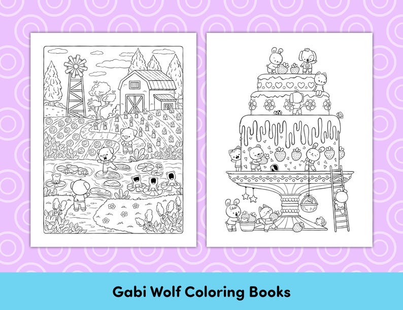 May include: Two black and white coloring pages featuring cute animal characters. The first page shows a farm scene with a windmill, a barn, and animals in a field. The second page shows a multi-tiered cake with animals decorating it.  Gabi Wolf Coloring Books.
