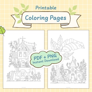 Fantasy Houses Coloring Pages Printable, Hand Drawn, Digital Download JPG (PDF) + PNG, for Adults and Children, Set 11