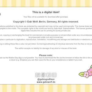 Puede incluir: Un aviso de descarga digital con un fondo a rayas amarillo y blanco. El texto dice "&iexcl;Este es un art&iacute;culo digital! Tus archivos estar&aacute;n disponibles para descargar despu&eacute;s de la compra. Copyright &copy; Gabi Wolf, Berl&iacute;n, Alemania. Todos los derechos reservados." El texto contin&uacute;a con informaci&oacute;n sobre derechos de autor y restricciones de uso. El aviso tambi&eacute;n incluye iconos de redes sociales para Instagram, Facebook y YouTube. El texto "@gabisgrafiken" y "www.gabiwolf.de" tambi&eacute;n est&aacute; incluido.