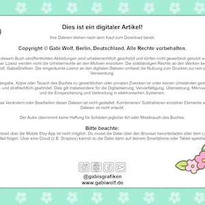 Puede incluir: Una hoja informativa de producto digital con texto en alem&aacute;n, con un borde verde claro y detalles florales. El texto incluye informaci&oacute;n de derechos de autor e instrucciones para descargar los archivos digitales.