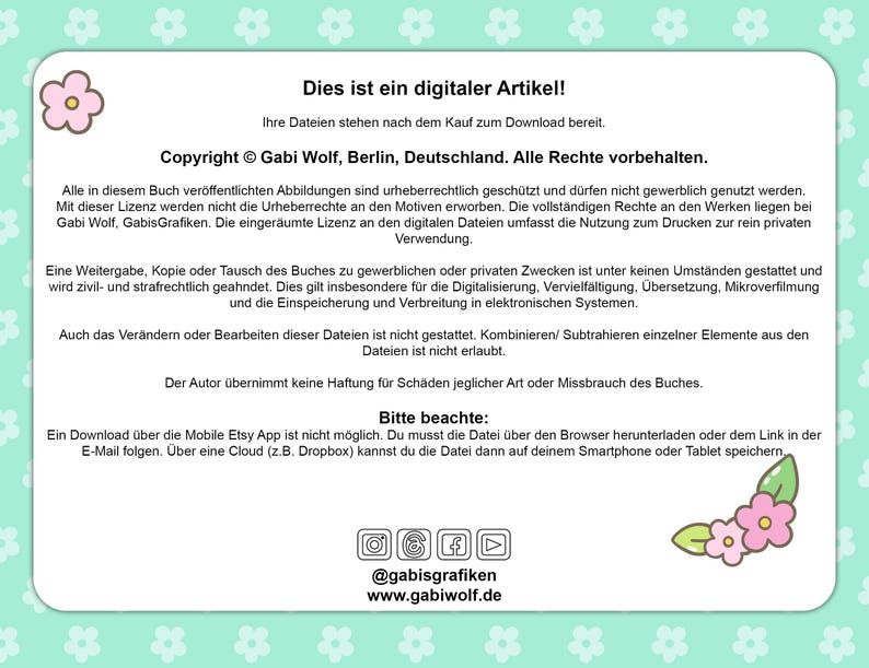 Puede incluir: Una hoja informativa de producto digital con texto en alem&aacute;n, con un borde verde claro y detalles florales. El texto incluye informaci&oacute;n de derechos de autor e instrucciones para descargar los archivos digitales.