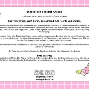 May include: A digital product information sheet with text in German, featuring a pink and white floral design. The text includes copyright information, usage terms, and download instructions. The sheet has a decorative flower and leaf graphic.