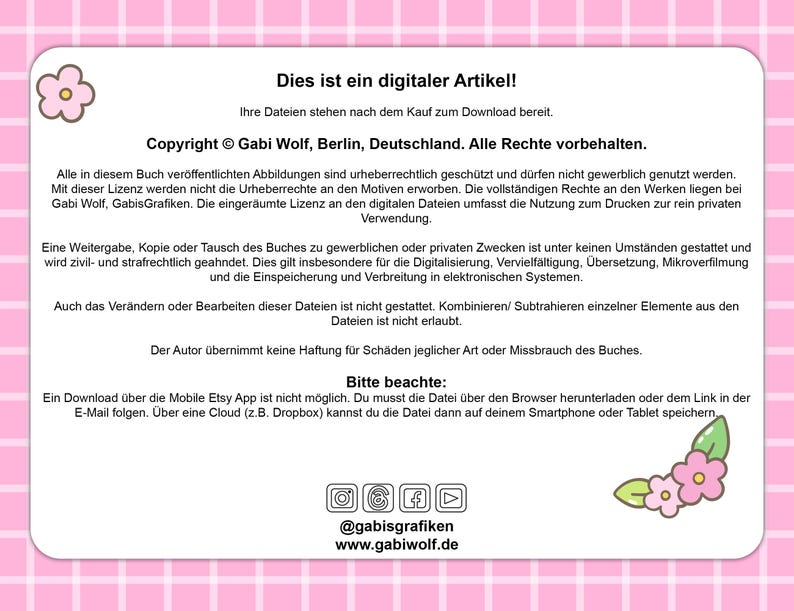 May include: A digital product information sheet with text in German, featuring a pink and white floral design. The text includes copyright information, usage terms, and download instructions. The sheet has a decorative flower and leaf graphic.