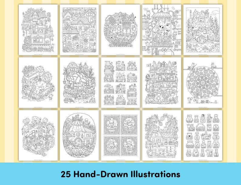 Puede incluir: Un conjunto de 25 ilustraciones dibujadas a mano en blanco y negro que presentan casas caprichosas, jardines y otras escenas. Las ilustraciones son perfectas para libros para colorear, tarjetas de felicitaci&oacute;n u otros proyectos creativos.
