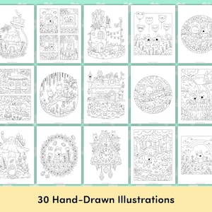 Puede incluir: Una colecci&oacute;n de 15 ilustraciones en blanco y negro que representan escenas caprichosas con osos, casas y elementos de la naturaleza. El texto "30 Hand-Drawn Illustrations" se muestra en la parte inferior. Las ilustraciones son para colorear.