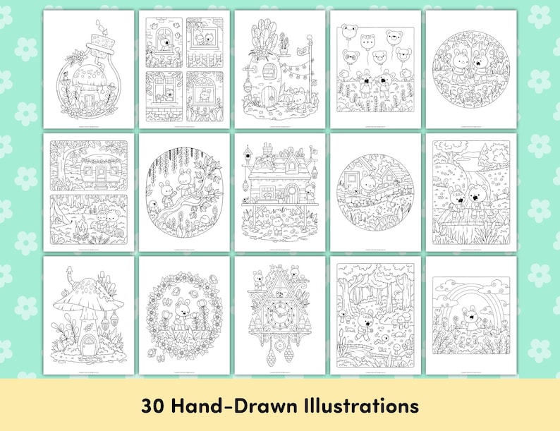 Puede incluir: Una colecci&oacute;n de 15 ilustraciones en blanco y negro que representan escenas caprichosas con osos, casas y elementos de la naturaleza. El texto "30 Hand-Drawn Illustrations" se muestra en la parte inferior. Las ilustraciones son para colorear.