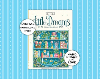 Pequeños Sueños: libro digital para colorear con 30 páginas dibujadas a mano, descarga en PDF, ilustrado por Gabi Wolf.