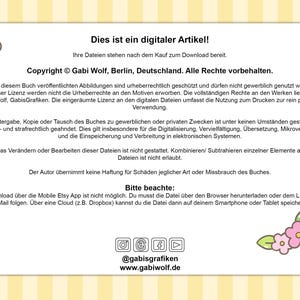 Puede incluir: Un aviso de descarga digital con un fondo a rayas amarillo y blanco. El texto dice "Dies ist ein digitaler Artikel!" y "Ihre Dateien stehen nach dem Kauf zum Download bereit." Tambi&eacute;n se incluye el texto "Copyright &copy; Gabi Wolf, Berlin, Deutschland. Alle Rechte vorbehalten." El aviso incluye informaci&oacute;n sobre derechos de autor y derechos de uso de archivos digitales.