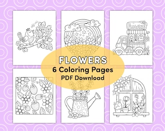 May include: Six black and white coloring pages featuring floral themes. The pages include a bird on a branch, a rainbow, a flower truck, strawberries, a watering can, and a window with flowers. The title "FLOWERS 6 Coloring Pages PDF Download" is displayed in a yellow circle.