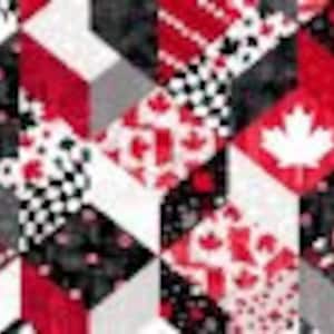 May include: A red, white, and black fabric with a repeating pattern of maple leaves and geometric shapes. The fabric is perfect for quilting, crafts, and home decor.