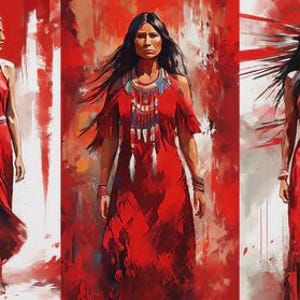 May include: A triptych of paintings featuring a woman in a flowing red dress. The woman has long black hair and wears beaded necklaces and bracelets. The background is a mix of red and white brushstrokes.