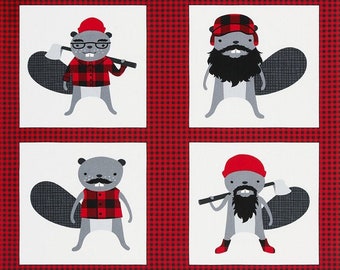 Burly Beavers lumber jack Pillow Panel by Andie Hanna for Robert Kaufman AHE-18971-185