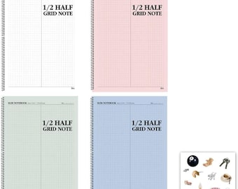 Simple Korean Aesthetic Pastel Half Grid Graph Spiral Notebook 2 divided Columns per page for math practice - 50 p each, 4 Notebook Set
