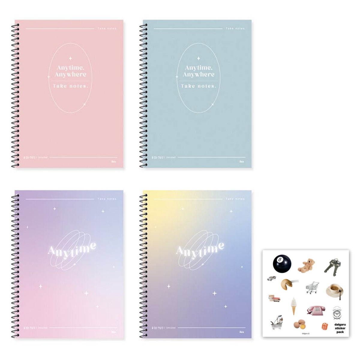 Cute Korean Aesthetic Unruled Drawing Spiral Notebook for College, High School, University - 160p ea. 4 Count Set - y2k fairycore
