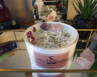 SELF LOVE Crystal Candle with AMETHYST & Rose Quartz | For Peace, Clarity and Self Love | Black Orchid, Patchouli and Rosemary Scent |