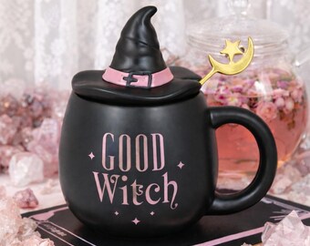 Pink and black Good Witch Lidded Mug with Spoon | Perfect Birthdays, Holiday or Halloween Gift | Glinda