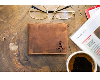 Engraved Leather Wallet, Personalized Initial Wallet, Custom Bifold Wallet for Men, Monogram Leather Wallet Gift