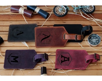 Leather Luggage Tag, Personalized Initial Bag Tag, Custom Travel Tag, Monogram Leather Suitcase Tag