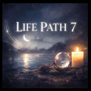 Puede incluir: Imagen etérea con el texto "LIFE PATH 7". Una vela encendida y una bola de cristal sobre una superficie oscura, con un cuerpo de agua y una luna creciente al fondo. La escena evoca misterio y espiritualidad.