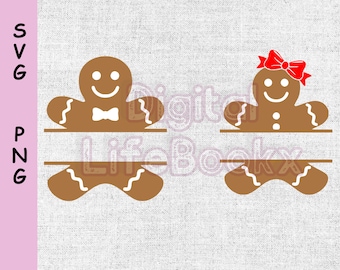 Lebkuchenmann Split Monogramm, Lebkuchenmädchen Split Monogramm, Instant Digital Download, SVG, PNG, Frohe Weihnachten SvG, Split Name Frame
