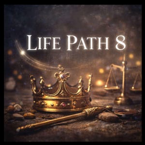 Könnte beinhalten: Eine goldene Krone, ein Schlüssel und eine Waage der Gerechtigkeit werden auf einer strukturierten Oberfläche dargestellt. Die Worte "LIFE PATH 8" sind in Weiß geschrieben. Das Bild hat ein dunkles, mystisches Thema mit verschwommenem Hintergrund.