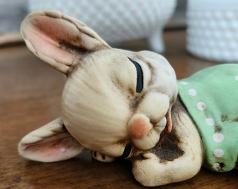 Handmade Sleeping Rabbit with Pink Ears and Nose, Green Flower Blanket, Summertime Nap,