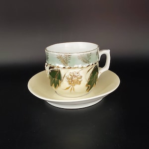 Lusterware Souvenir Gift Hand Painted Yellow Cup, Saucer w/ Green Leaf Motif, Hand Applied Gold Medallion, Antique Cup Saucer, Pottery